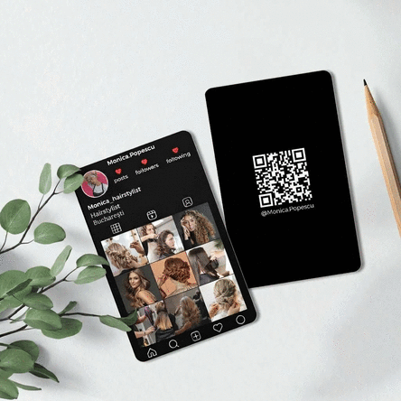 Customised double-sided aluminium business card with QR code, text and photos - Instagram