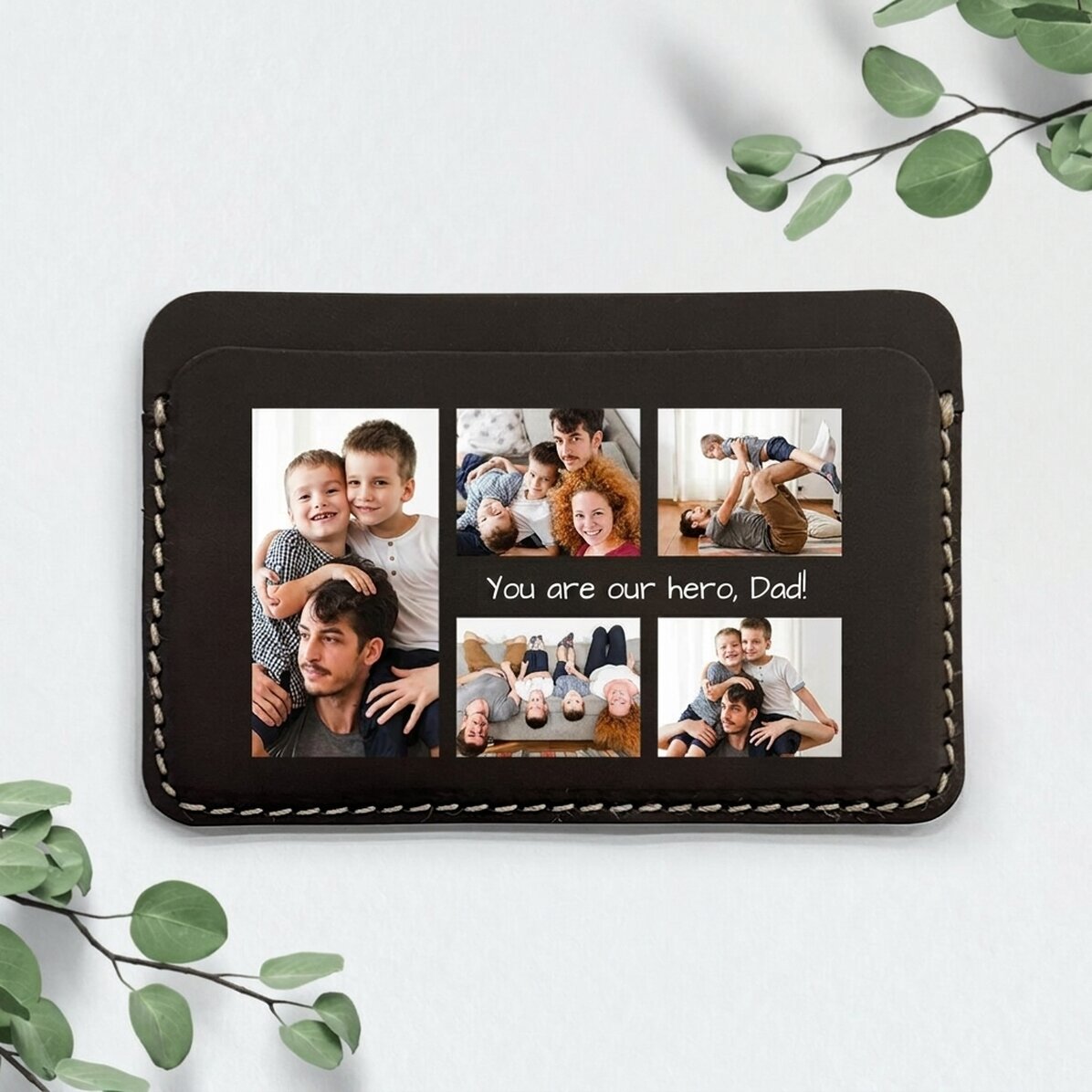 Personalised leather wallet with message and 5 photos