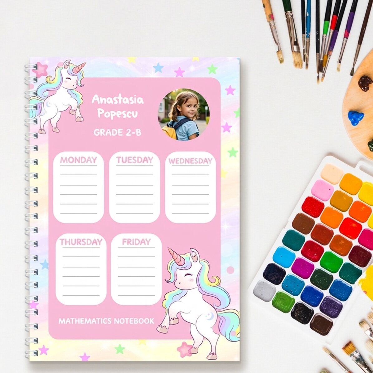 Personalised notebook with photo and text - Unicorns Timetable