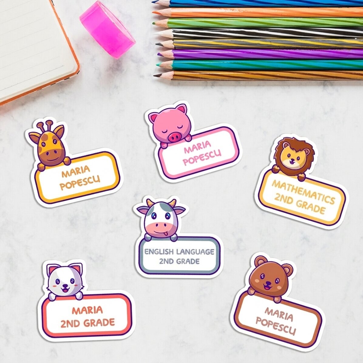 Set of 12 customised stickers (self-adhesive labels) for school - Animals