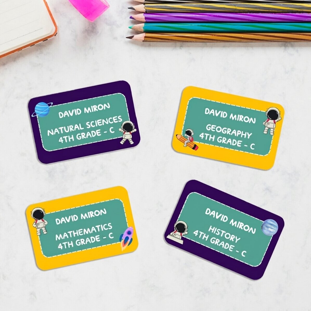 Set of 8 customised stickers (self-adhesive labels) for school - Cosmos