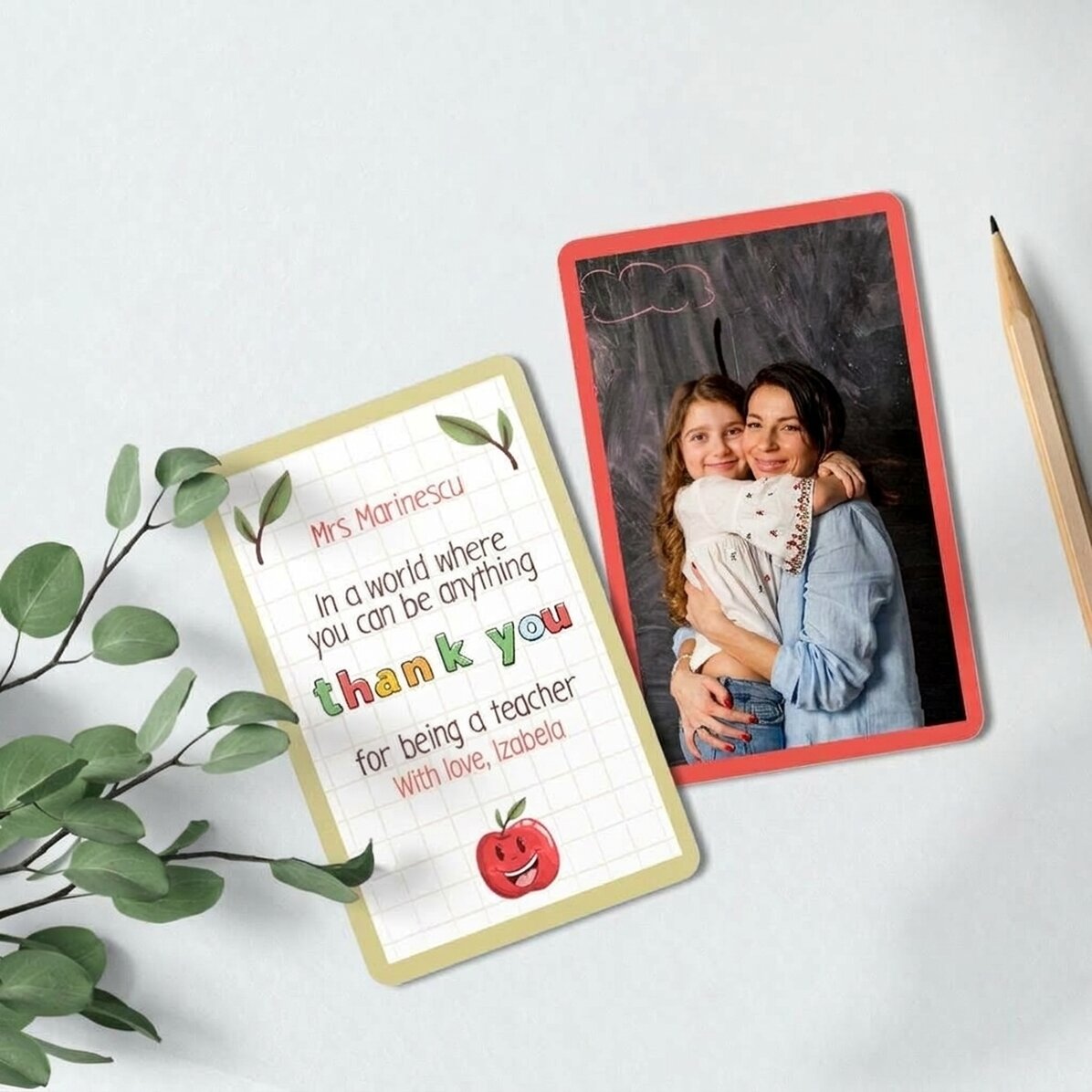 Personalised double-sided aluminium card with message and photo - thank you