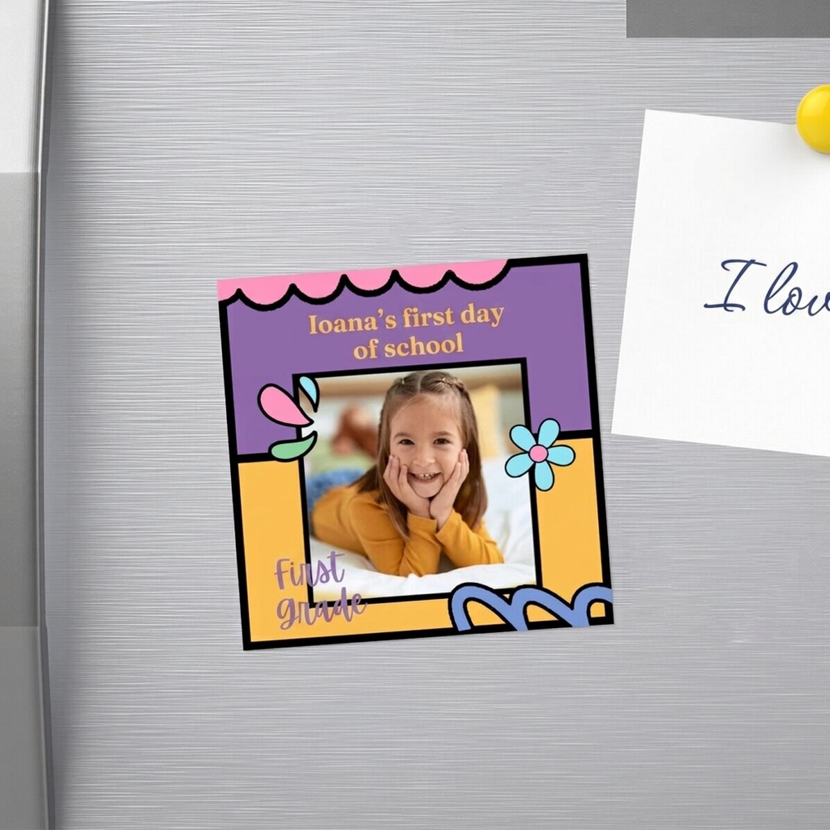 Personalised 10x10 magnet with a photo and text - First day of school