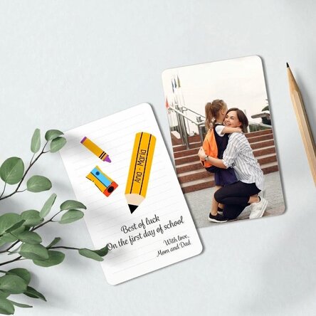Personalised double-sided aluminium card with message and photo - Good Luck