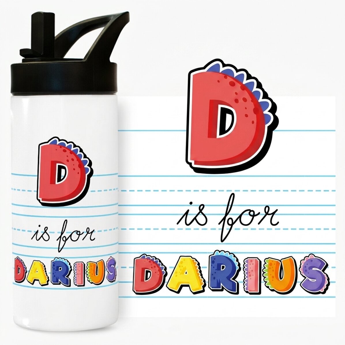 Thermos with handle and straw personalised with name - dinosaur model