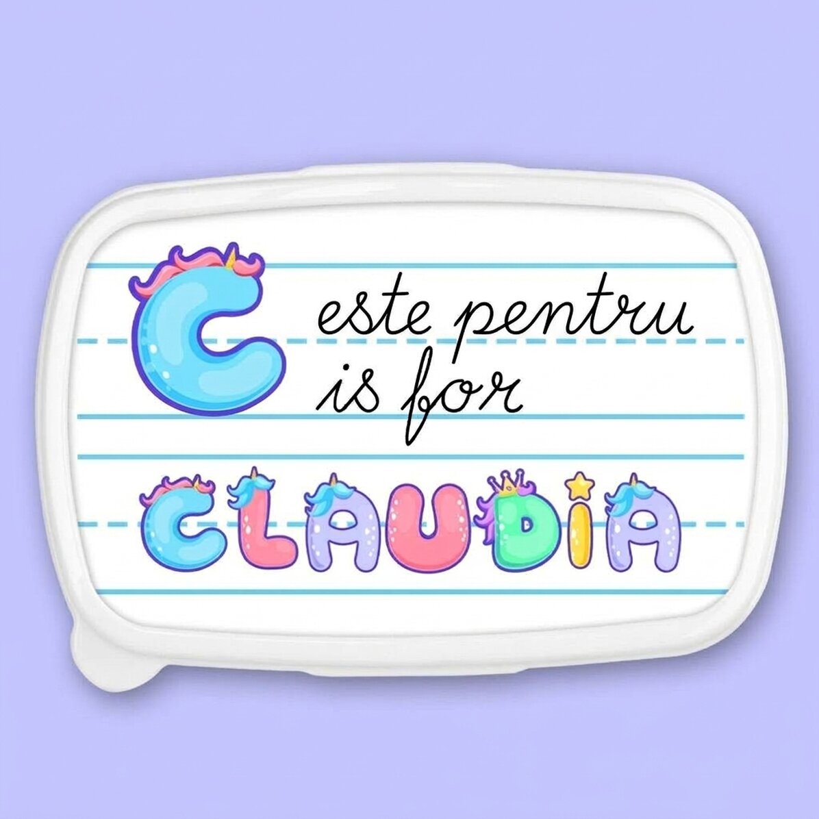 Lunch box, personalised with name - Unicorn model