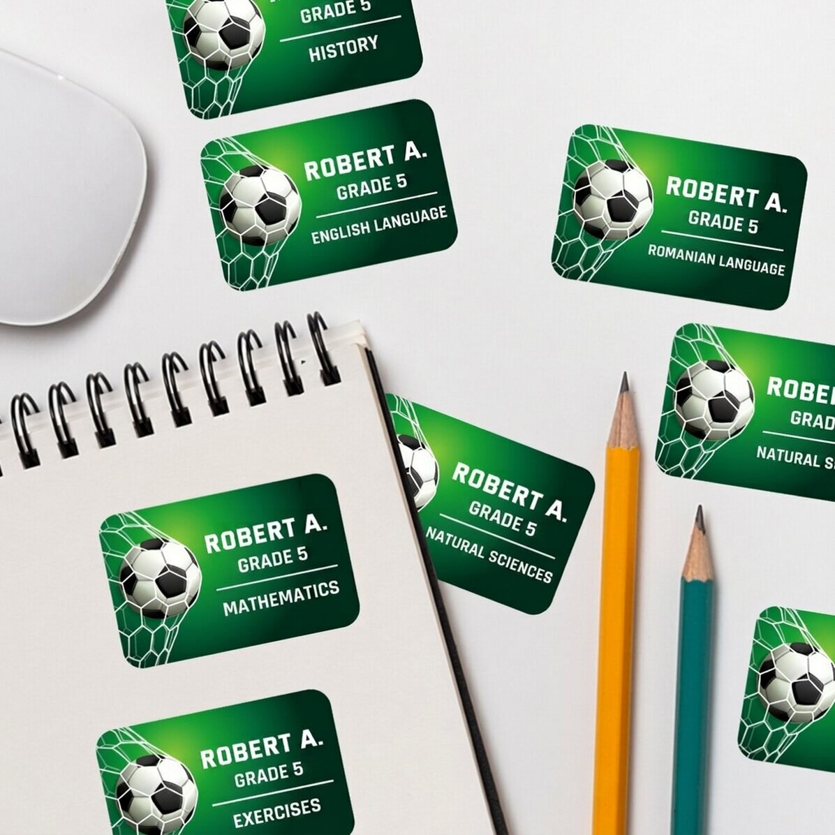 Set of 8 customised stickers (self-adhesive labels) for school - Football