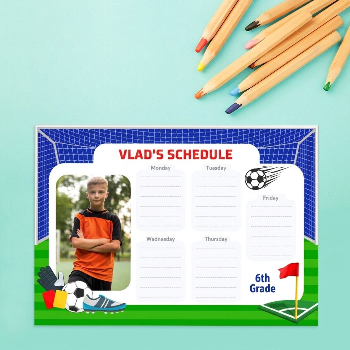 Personalised timetable with text and a photo - Soccer