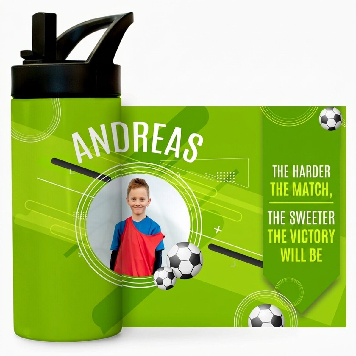 Thermos with handle and straw, personalised with text and photo - The Little Footballer