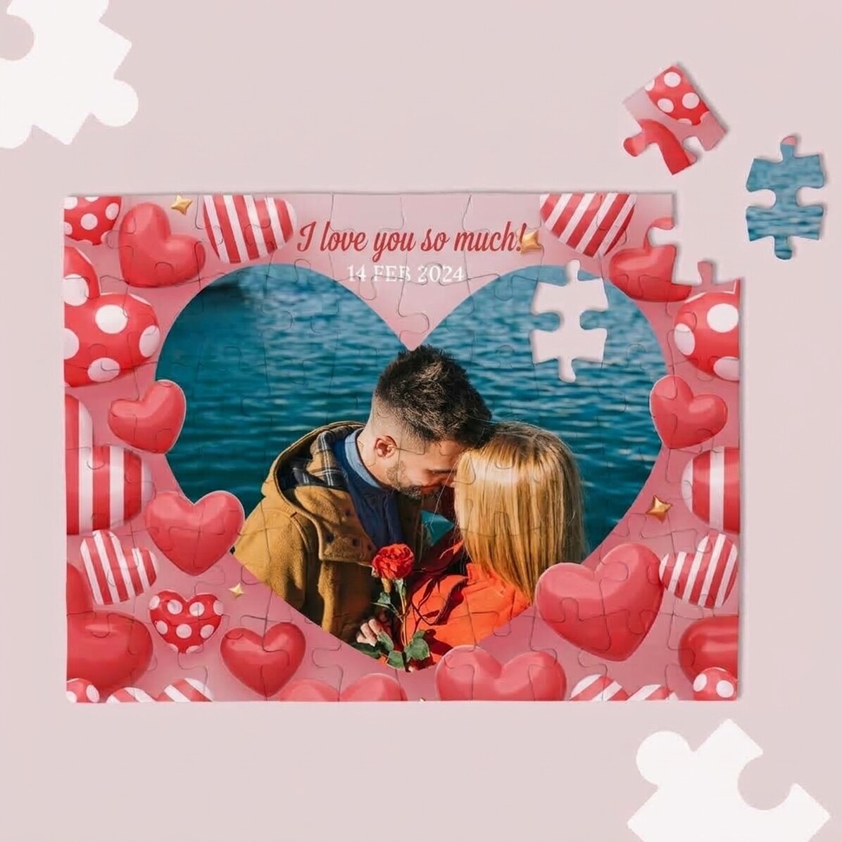 Personalised puzzle with photo and text - Glossy hearts