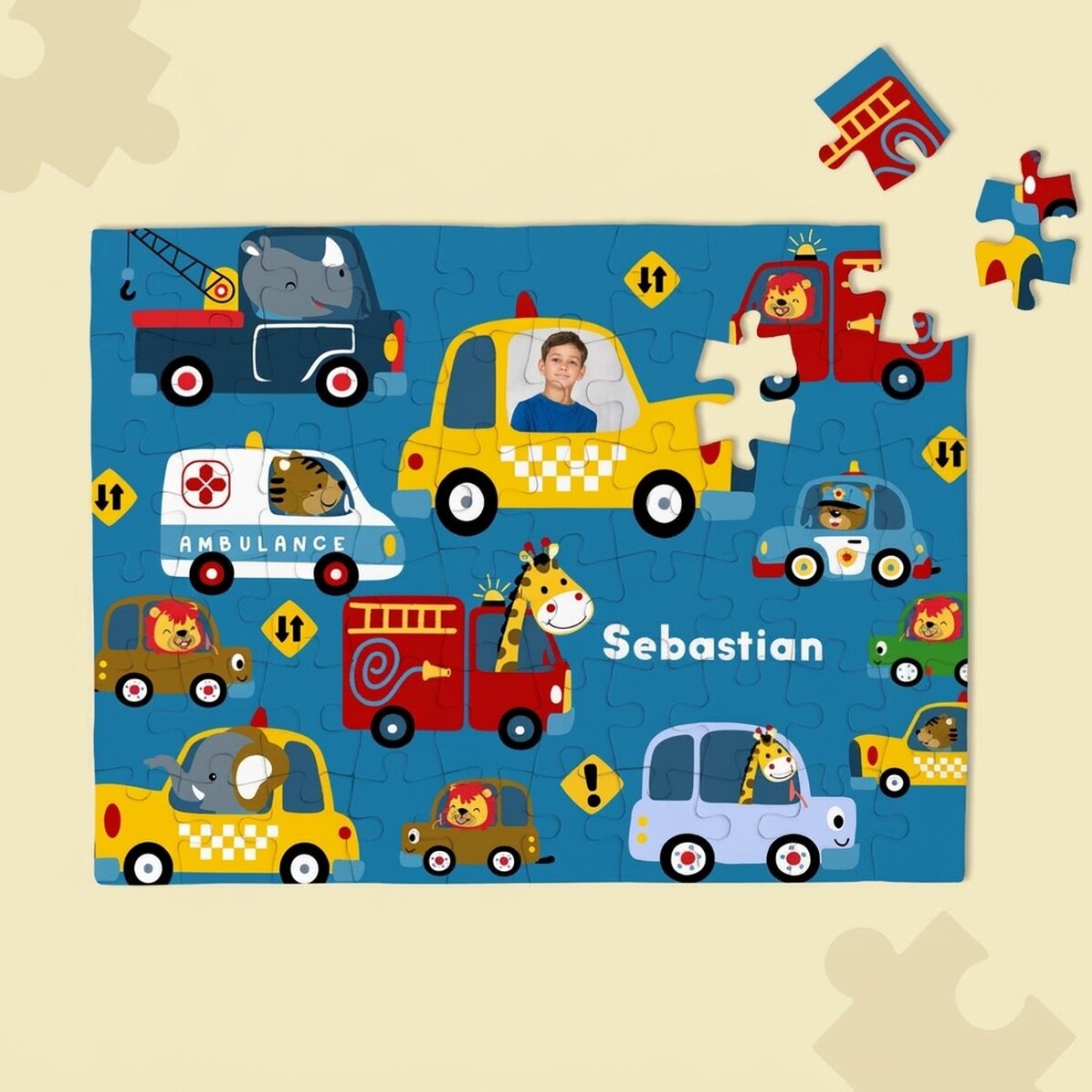 Personalised puzzle for children with a photo and text - Cars