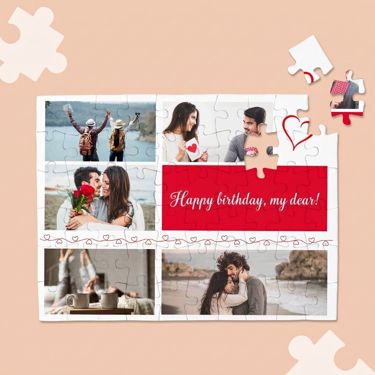 Personalised puzzle with 5 photos and text - Hearts