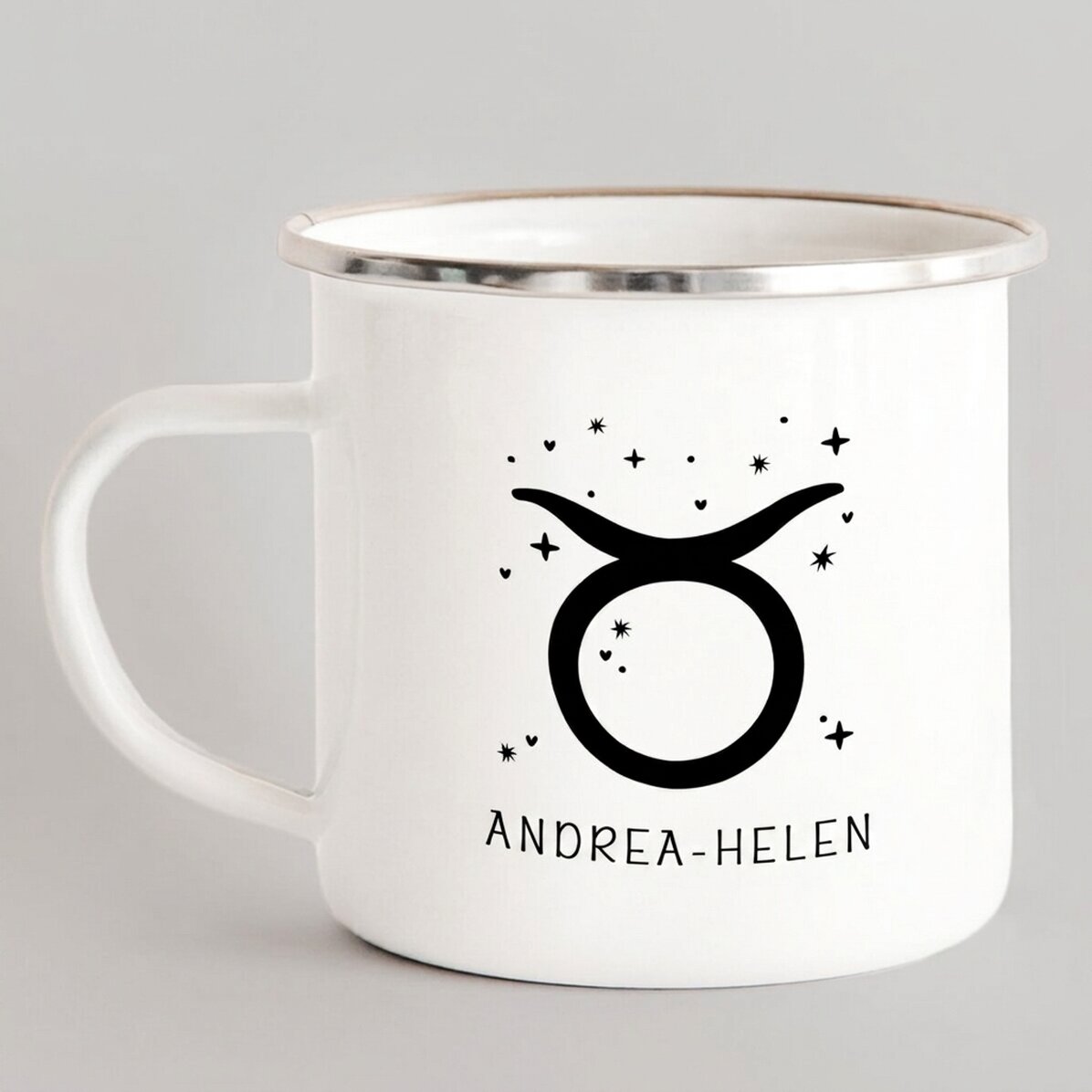Personalised enamel metal mug with message - Taurus zodiac sign