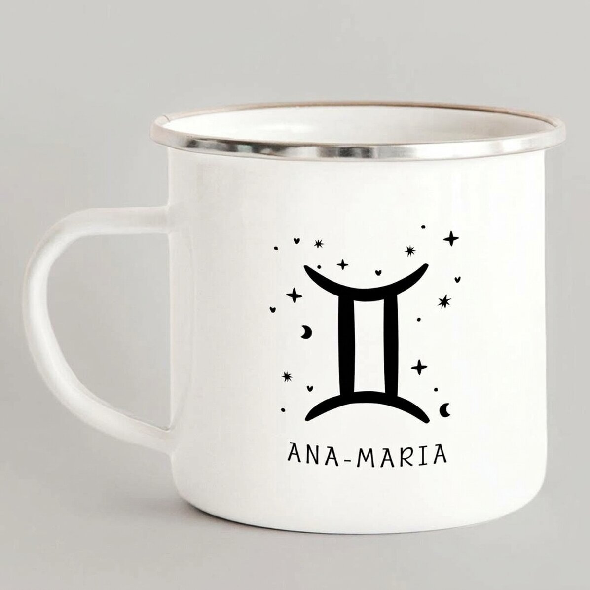 Personalised enamel metal mug with message - Gemini zodiac sign