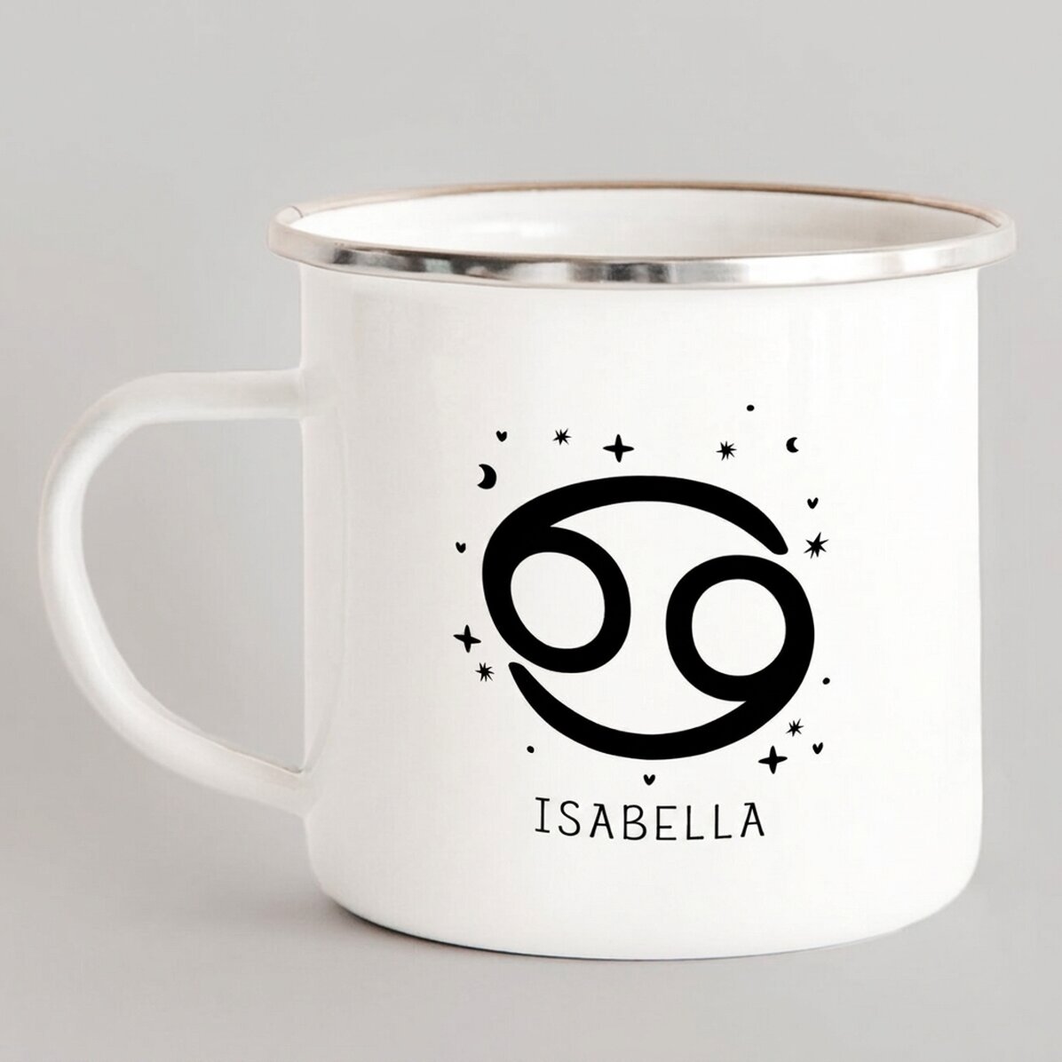 Personalised enamel metal mug with message - Cancer zodiac sign