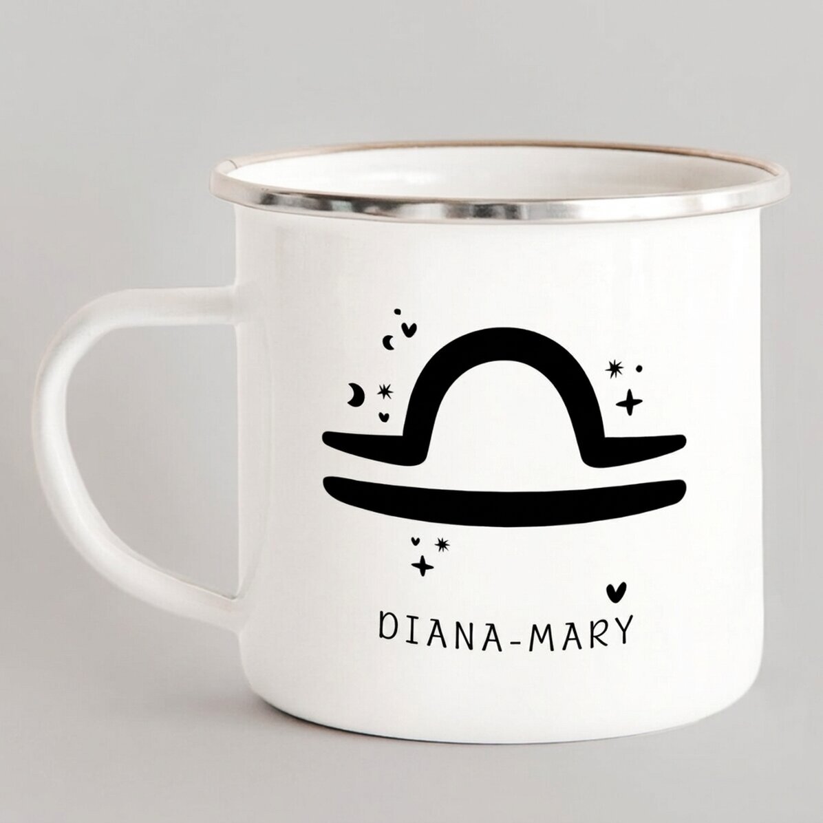 Personalised enamel metal mug with message - Libra zodiac sign