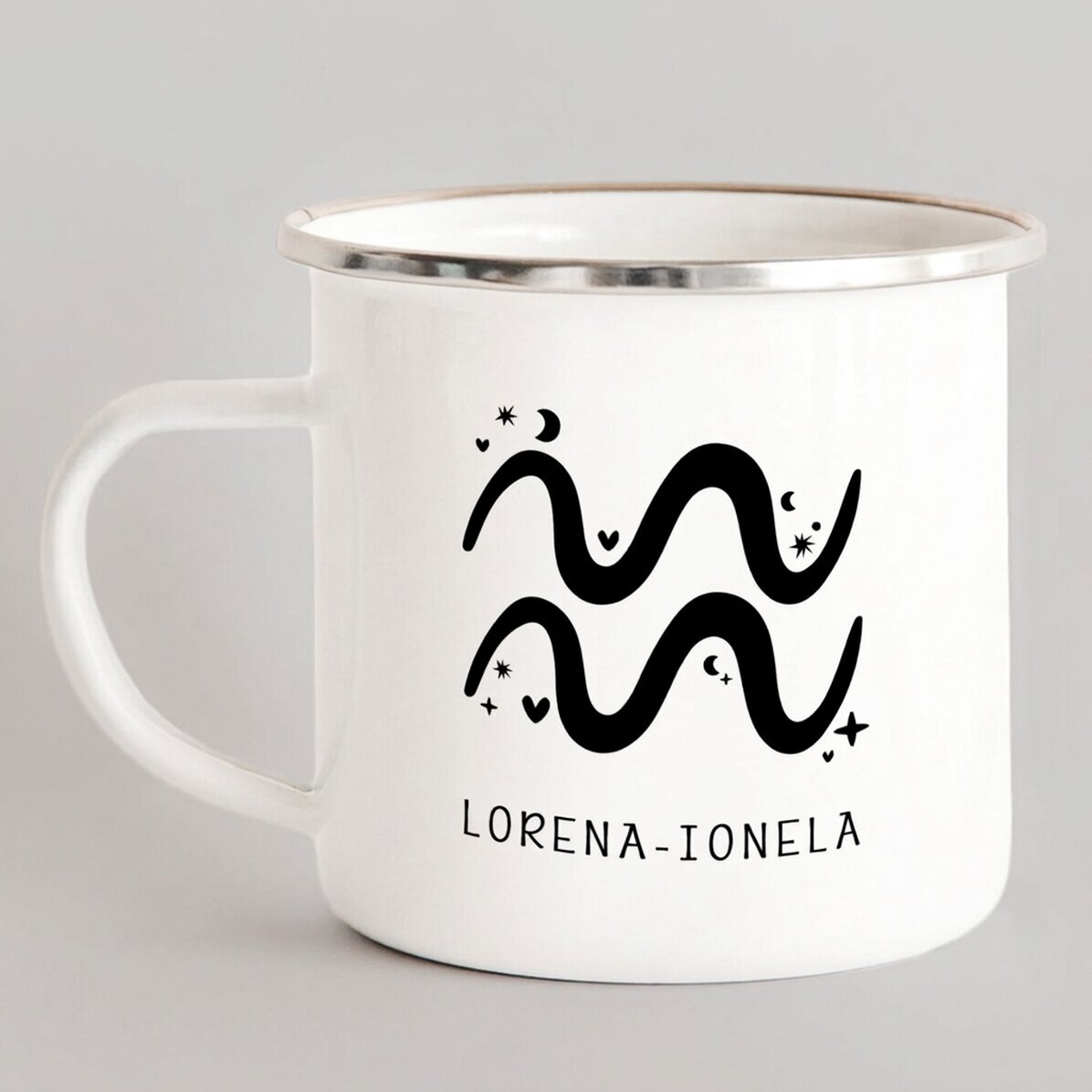 Personalised enamel metal mug with message - Aquarius zodiac sign