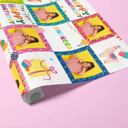 Personalised gift wrapping paper with text and photo - Happy Birthday - Pink