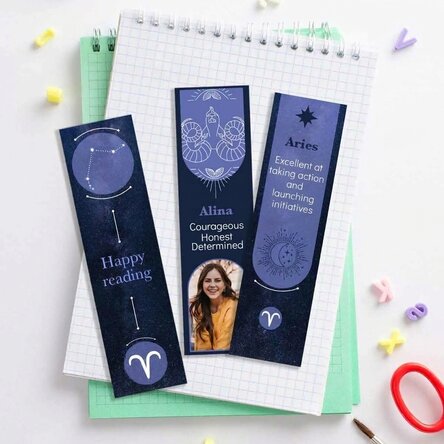 Set of 3 personalised bookmarks with message and photo - Zodiac sign