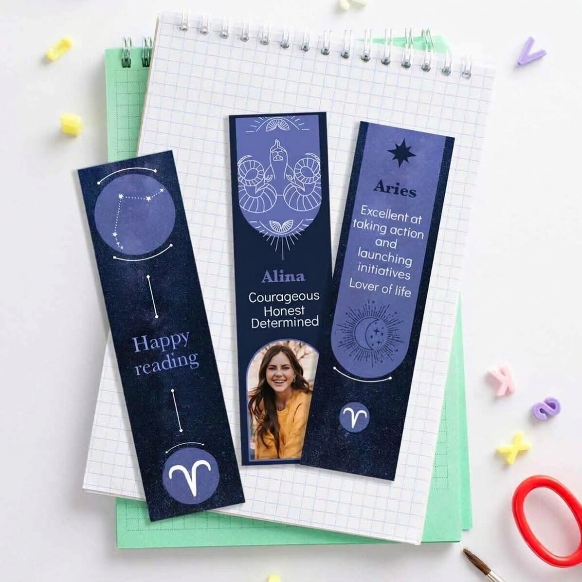 Set of 3 personalised bookmarks with message and photo - Aries Zodiac Sign