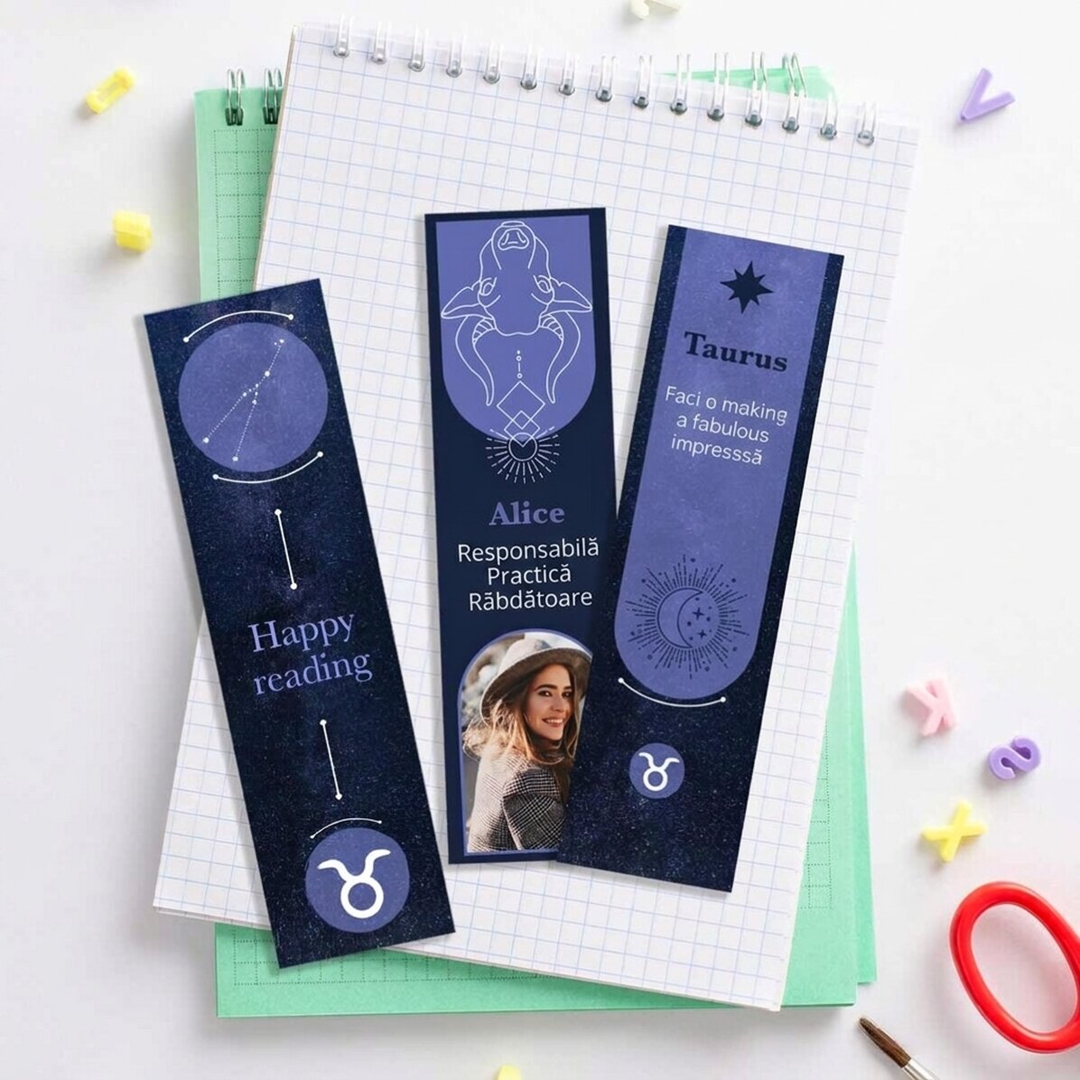 Set of 3 personalised bookmarks with message and photo - Taurus Zodiac Sign