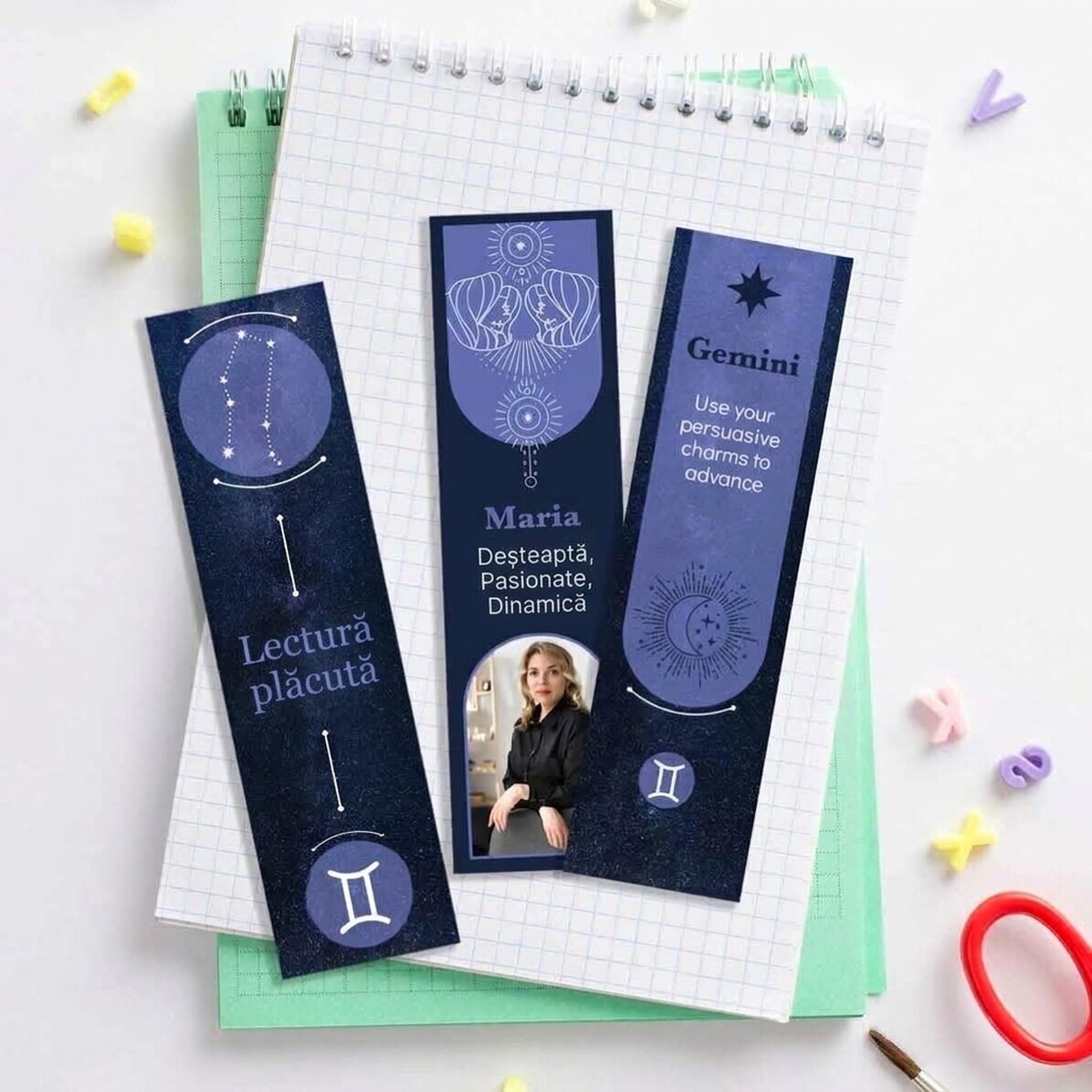 Set of 3 personalised bookmarks with message and photo - Gemini Zodiac Sign
