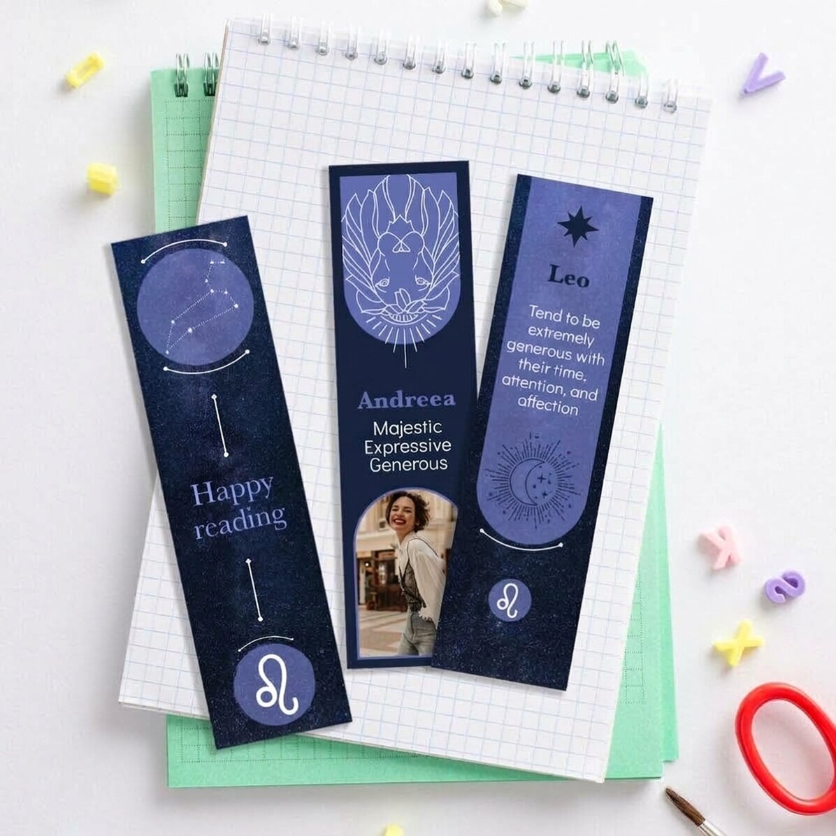 Set of 3 personalised bookmarks with message and photo - Leo Zodiac Sign