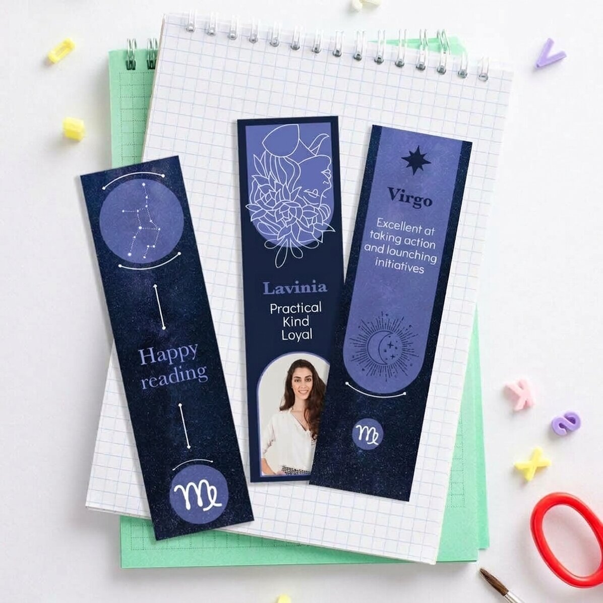 Set of 3 personalised bookmarks with message and photo - Virgo Zodiac Sign