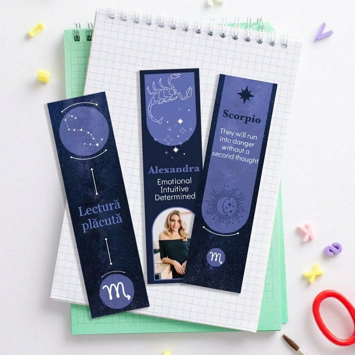 Set of 3 personalised bookmarks with message and photo - Scorpio Zodiac Sign