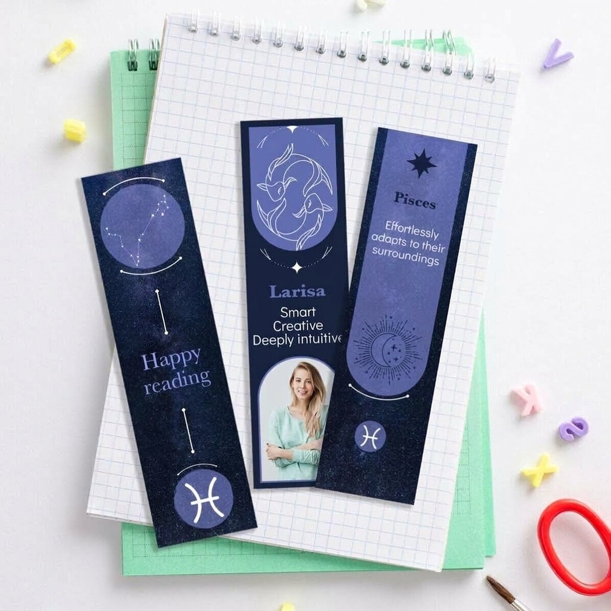 Set of 3 personalised bookmarks with message and photo - Pisces Zodiac Sign