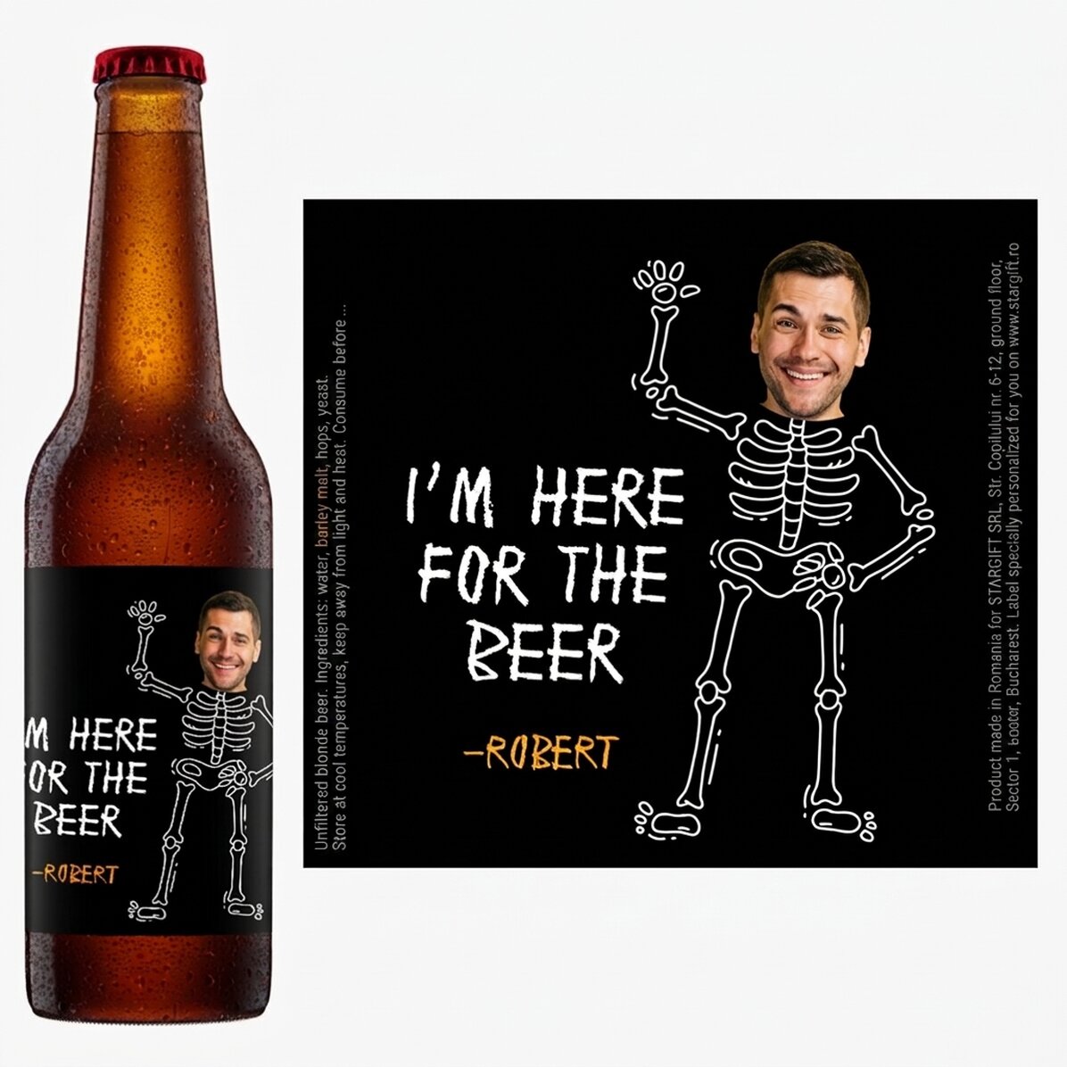 Personalised beer with a photo and message - Here for the beer