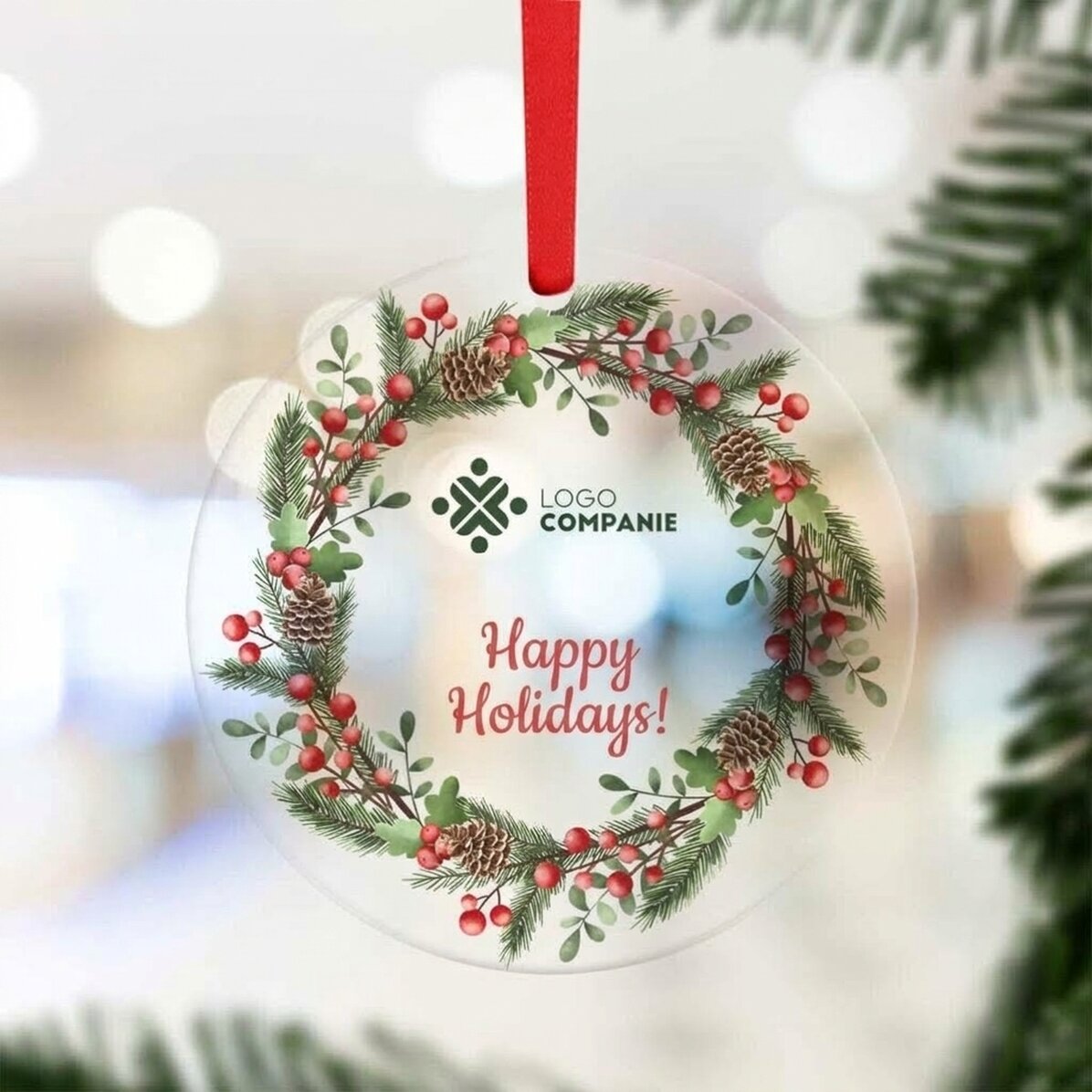 Personalised round ornament with logo and message - Happy Holidays!