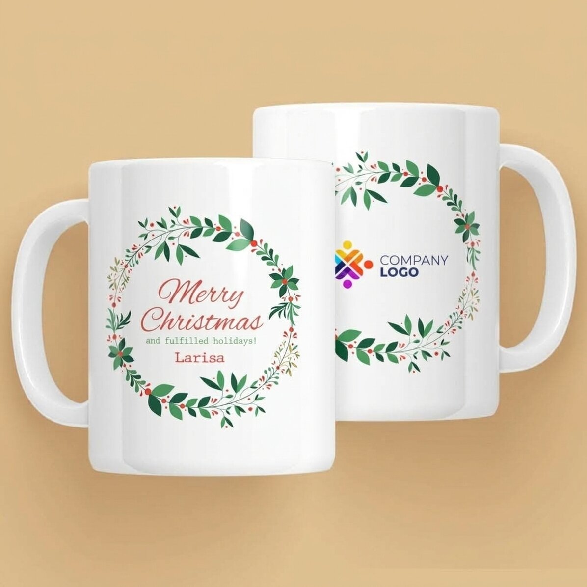 Personalised mug with text and logo - Christmas wreaths
