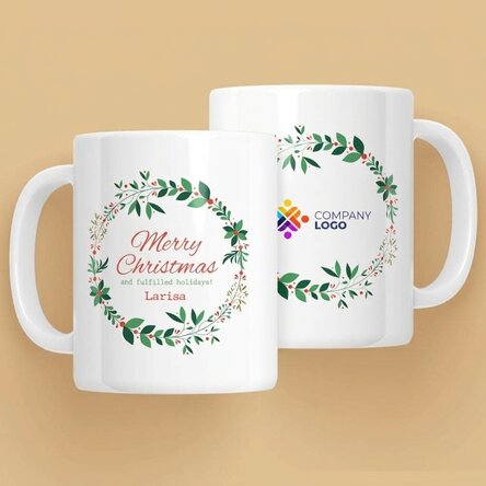 Personalised mug with text and logo - Christmas wreaths
