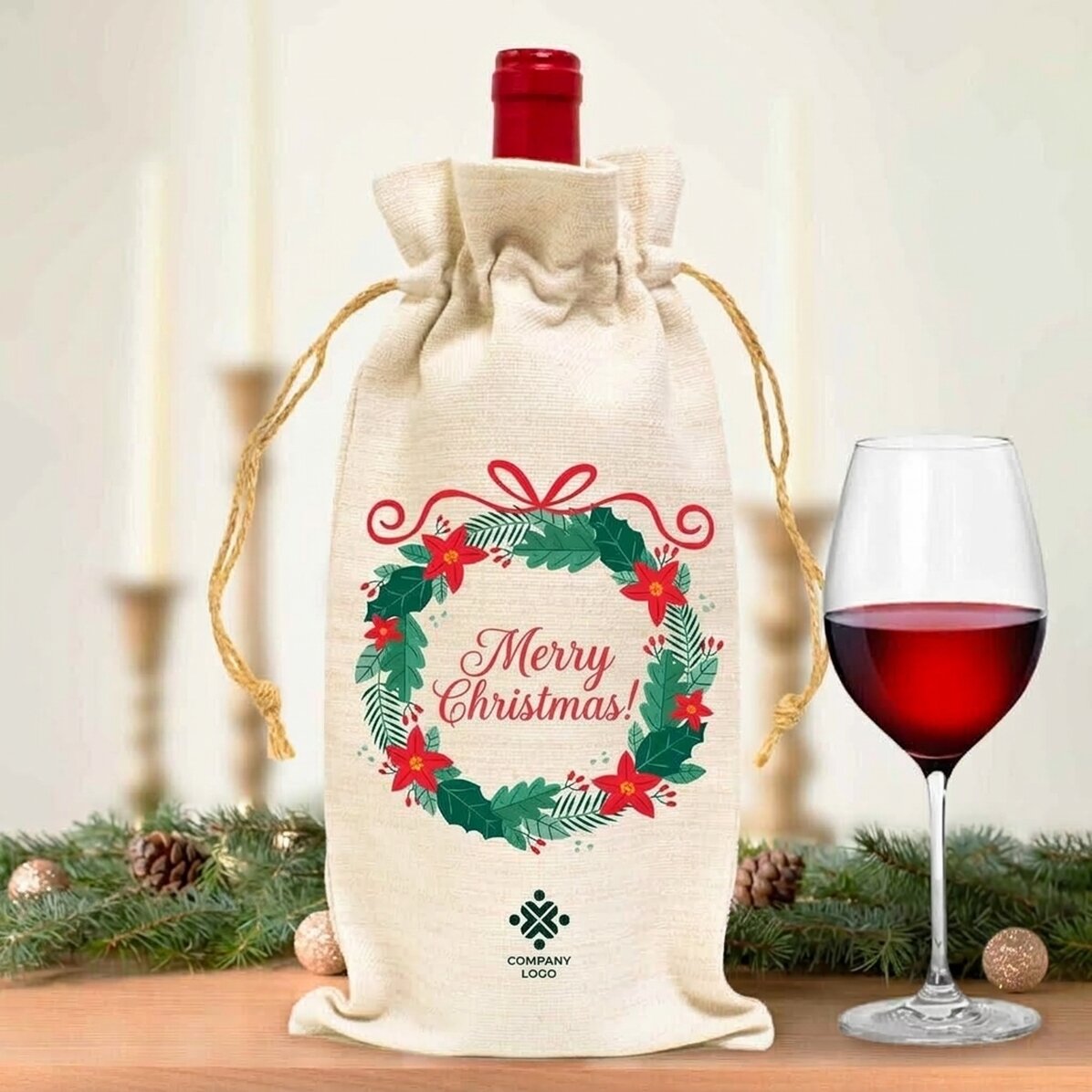 Personalised wine bottle bag with logo and message - Merry Christmas!