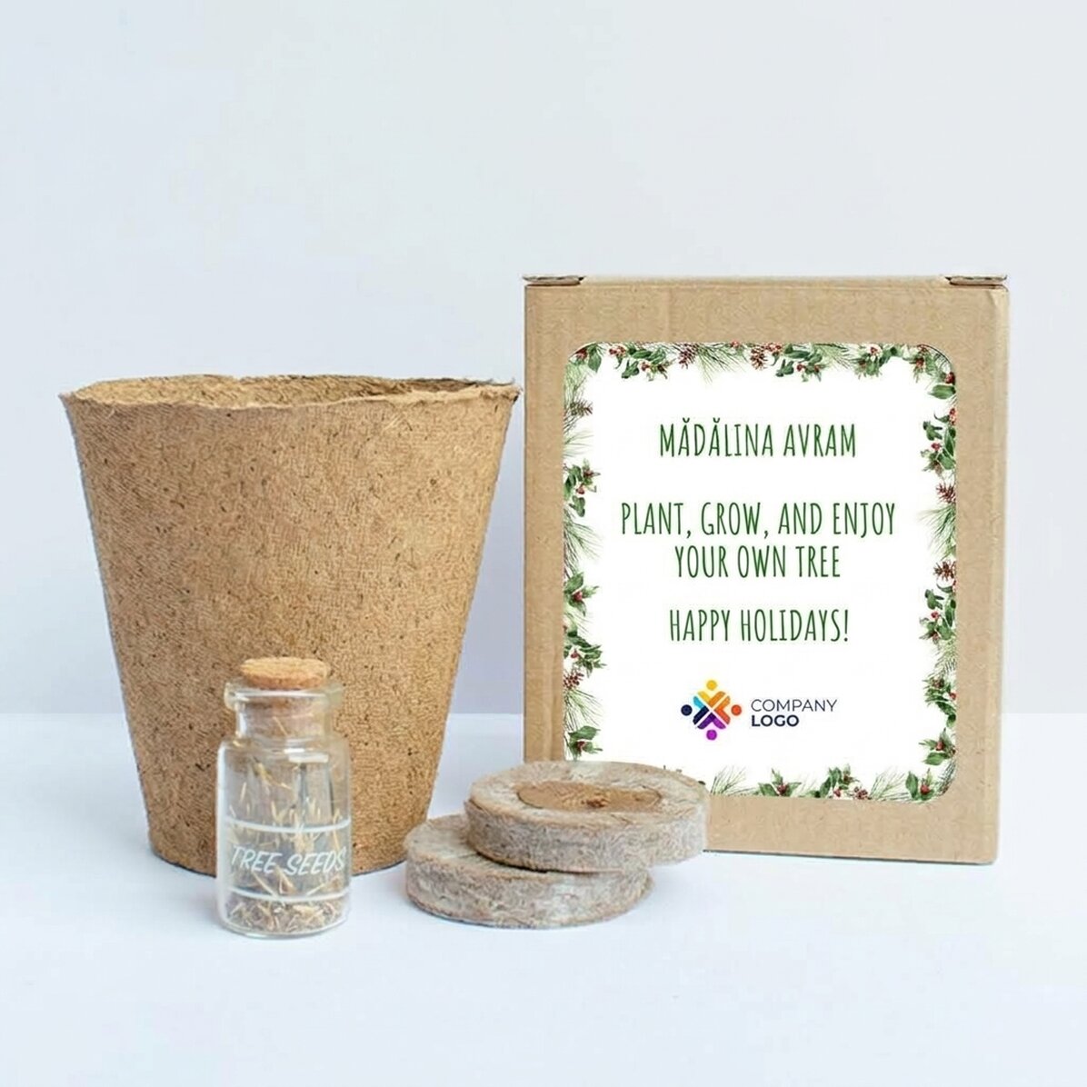 Fir seed planting kit in a customised box with logo and message - Crengute