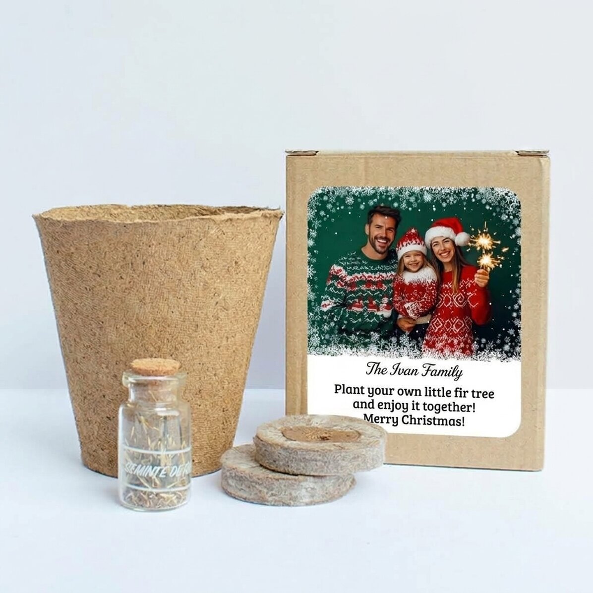 Fir seed planting kit in a personalised box with a photo and text - Snowflakes