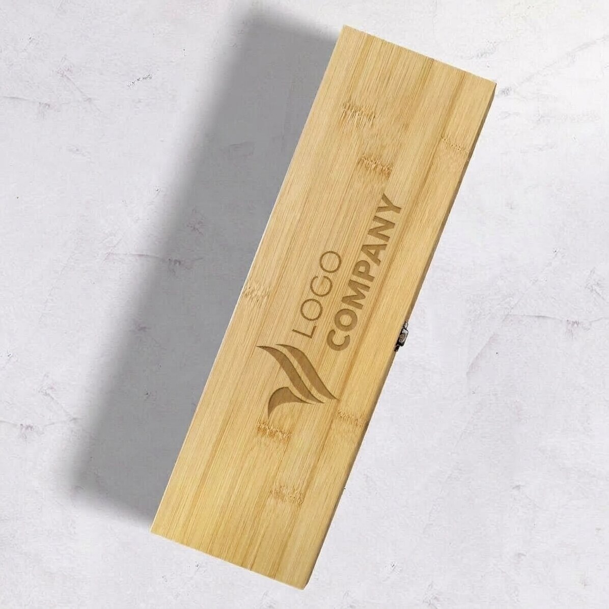 Bamboo wine box with accessories, customised with landscape logo