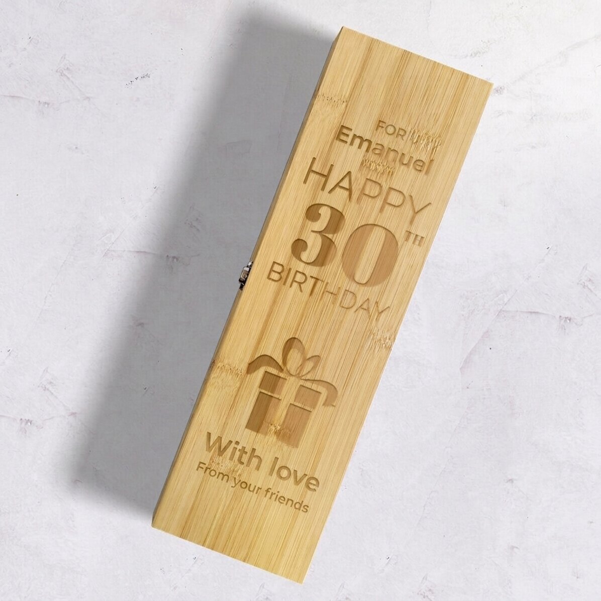 Bamboo wine box with accessories personalised with message - Happy Birthday Gift