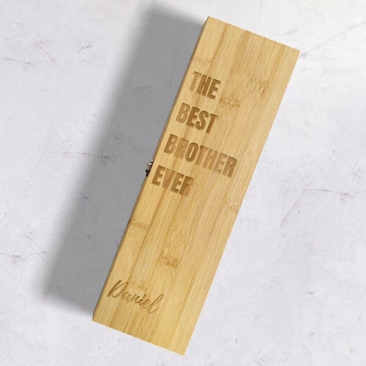 Bamboo wine box with accessories personalised with a message - the best brother ever