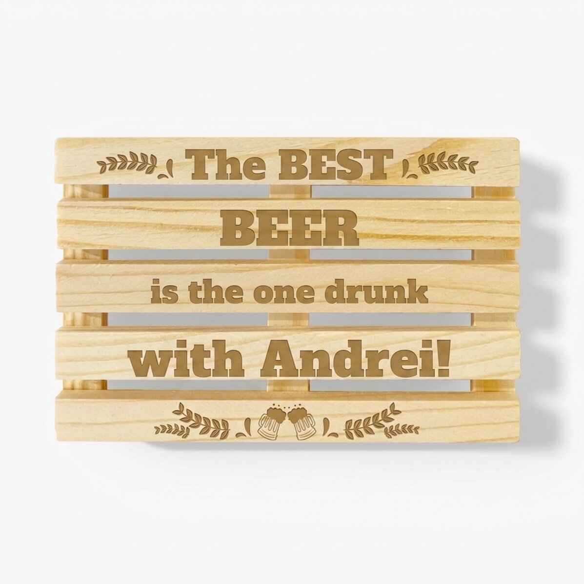 Personalised pallet-shaped coaster with text - Best beer