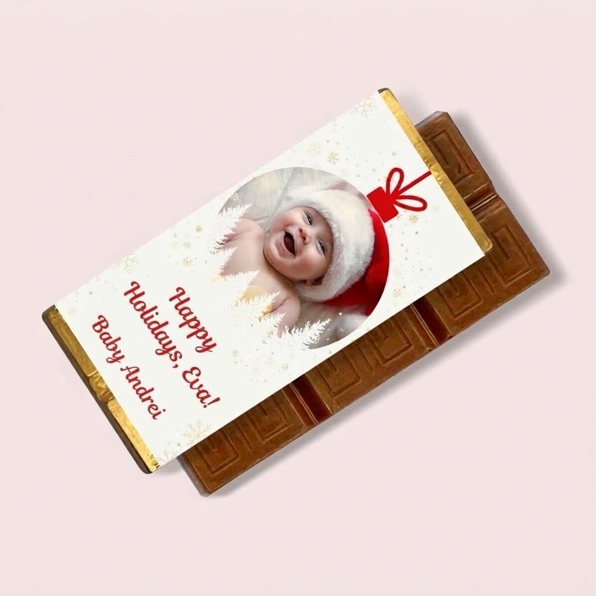 Mini chocolate bar personalised with a photo and message - Christmas bauble