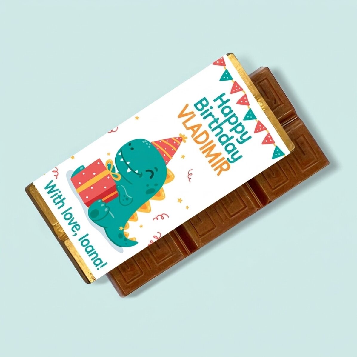 Mini chocolate bar personalised with message - Happy Dino