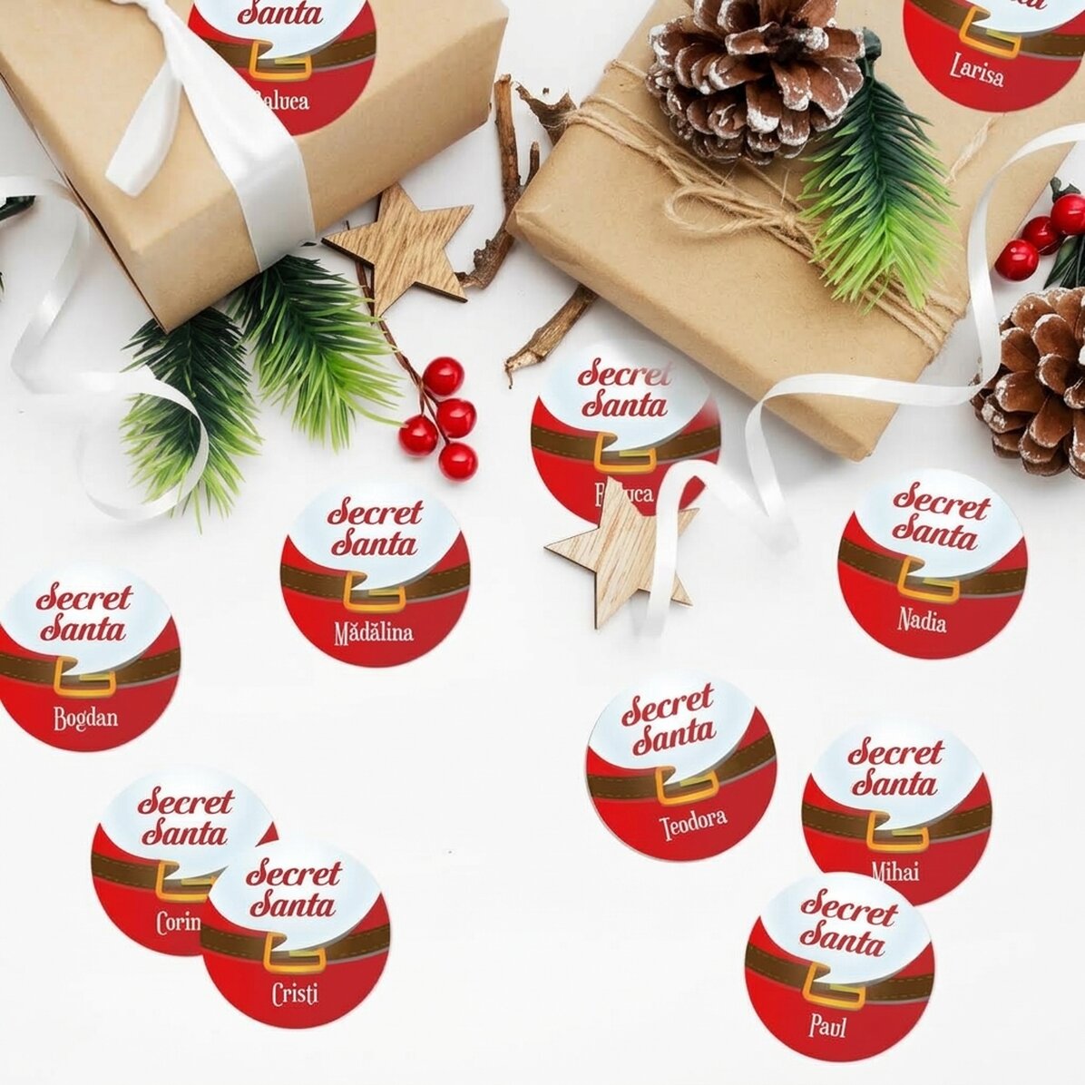 Set of 12 stickers (self-adhesive labels) personalised with message - Secret Santa