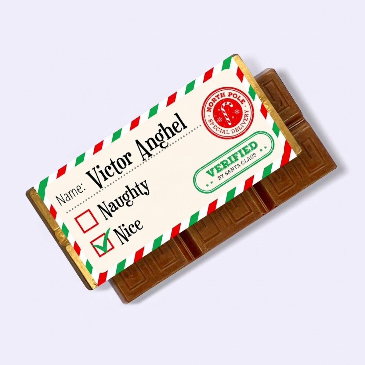 Mini chocolate bar personalised with a message - Verified by Santa Claus