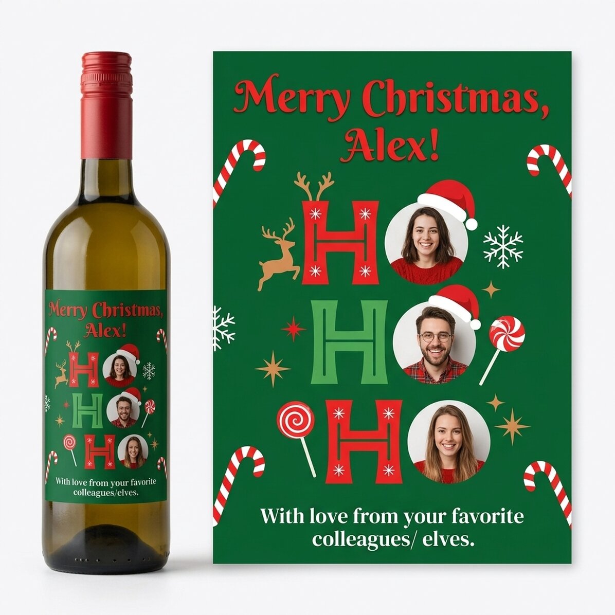 Personalised wine with message and 3 Christmas photos - HO HO HO