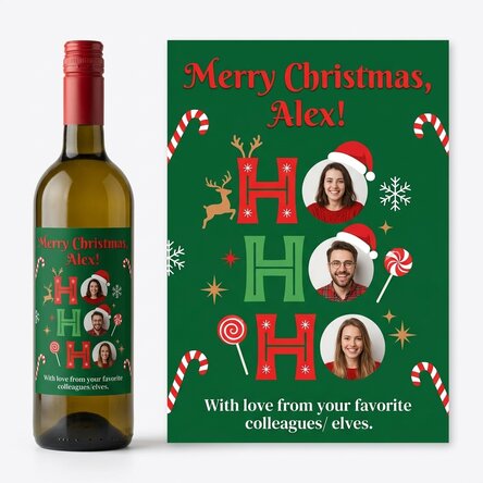 Personalised wine with message and 3 Christmas photos - HO HO HO