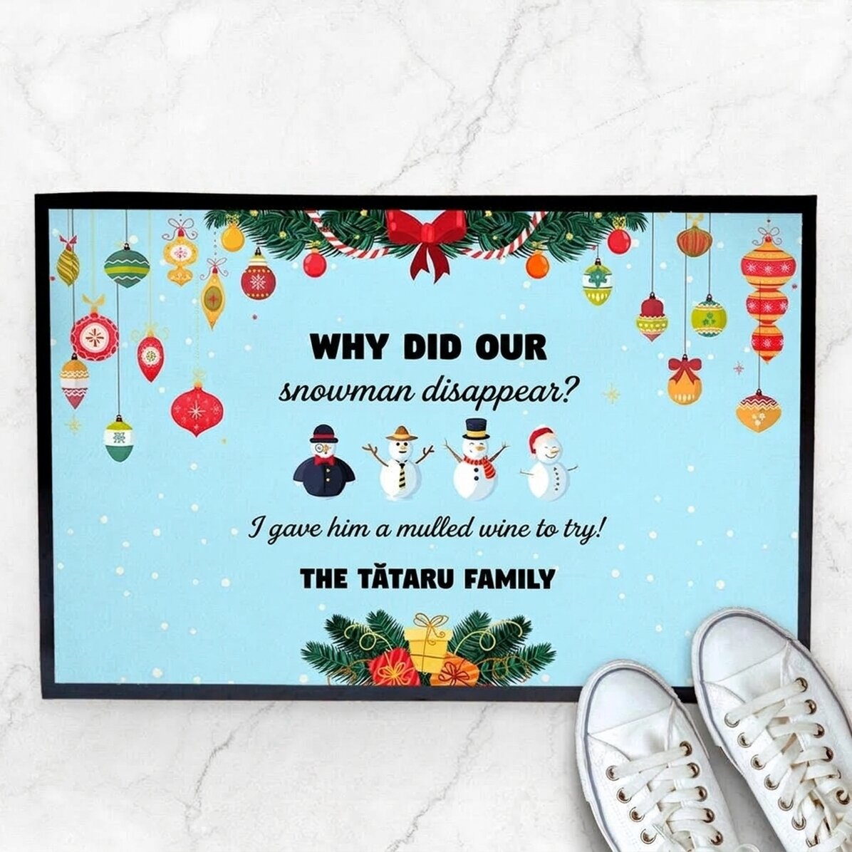 Personalised entrance mat with Christmas text and design - Snowman
