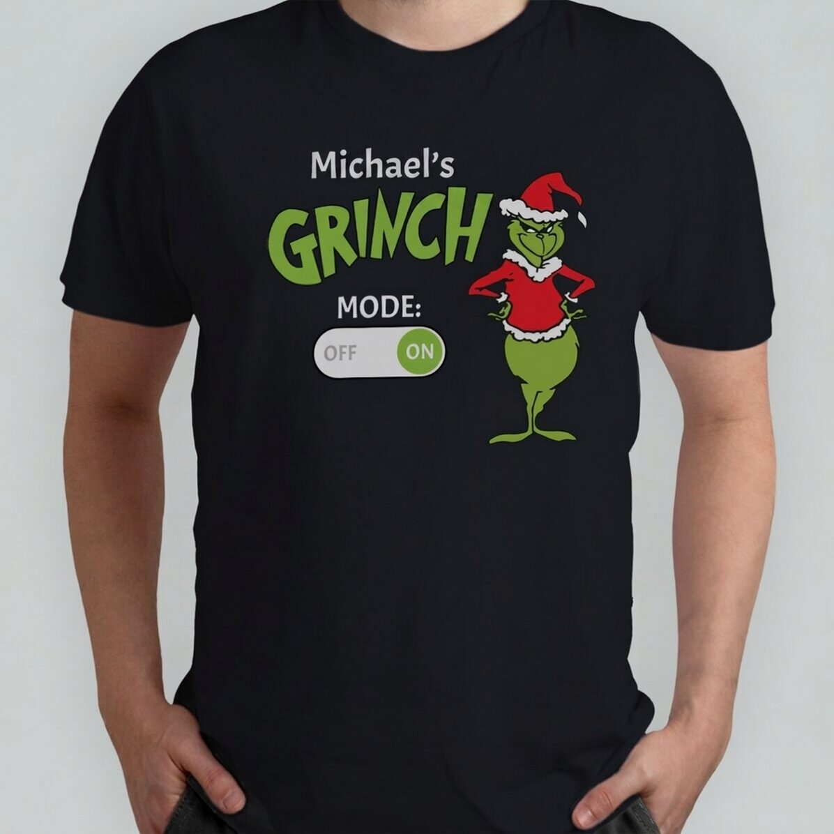 Custom cotton T-shirt with Christmas text - Grinch Mode On