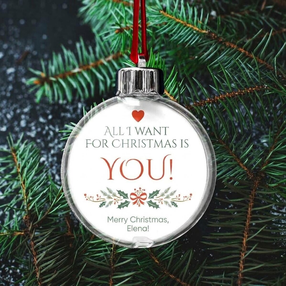 Personalised double-sided transparent globe with a photo and message - All I want for Christmas